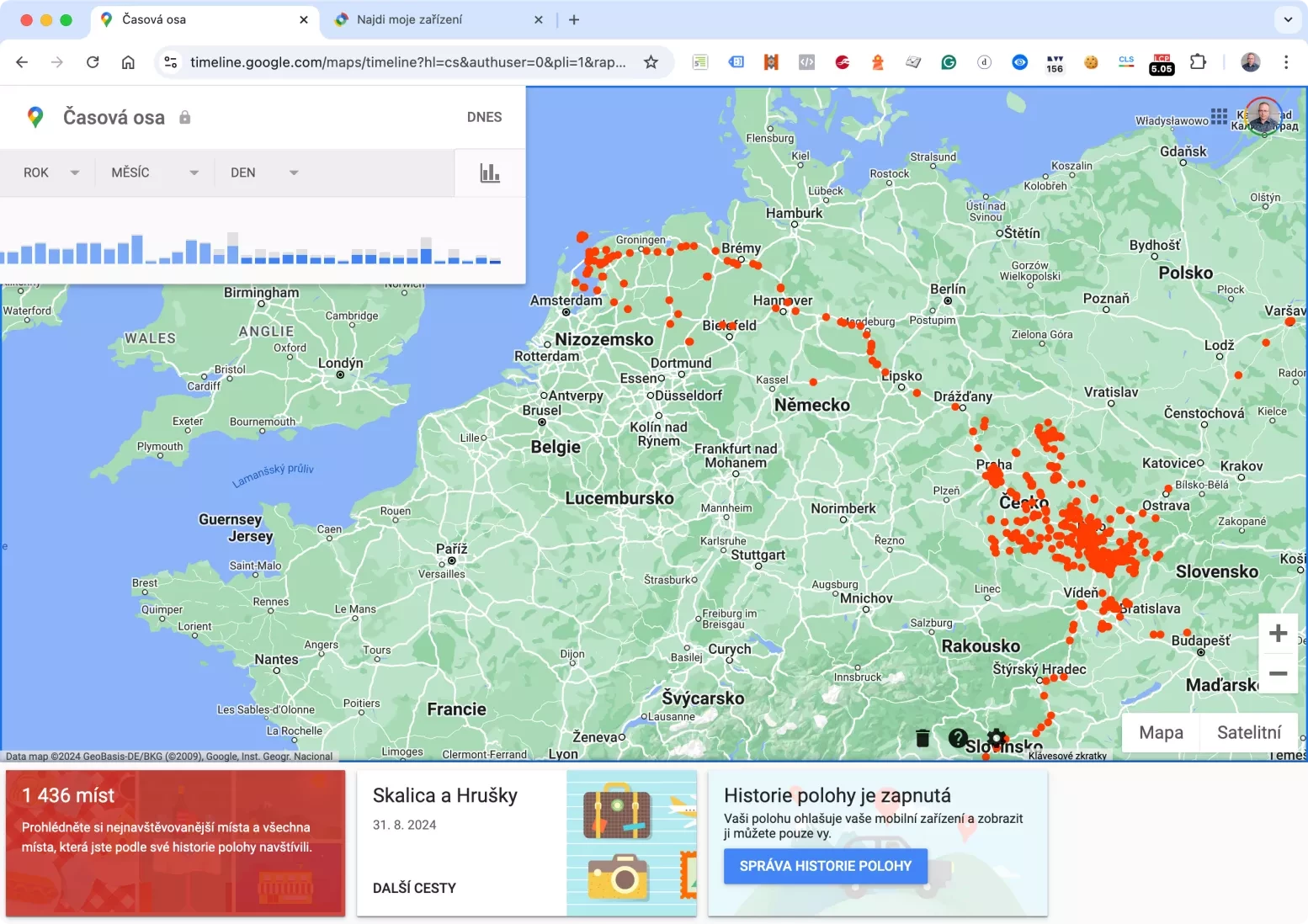 Mapy Google s časovou osou míst navštívených s telefonem