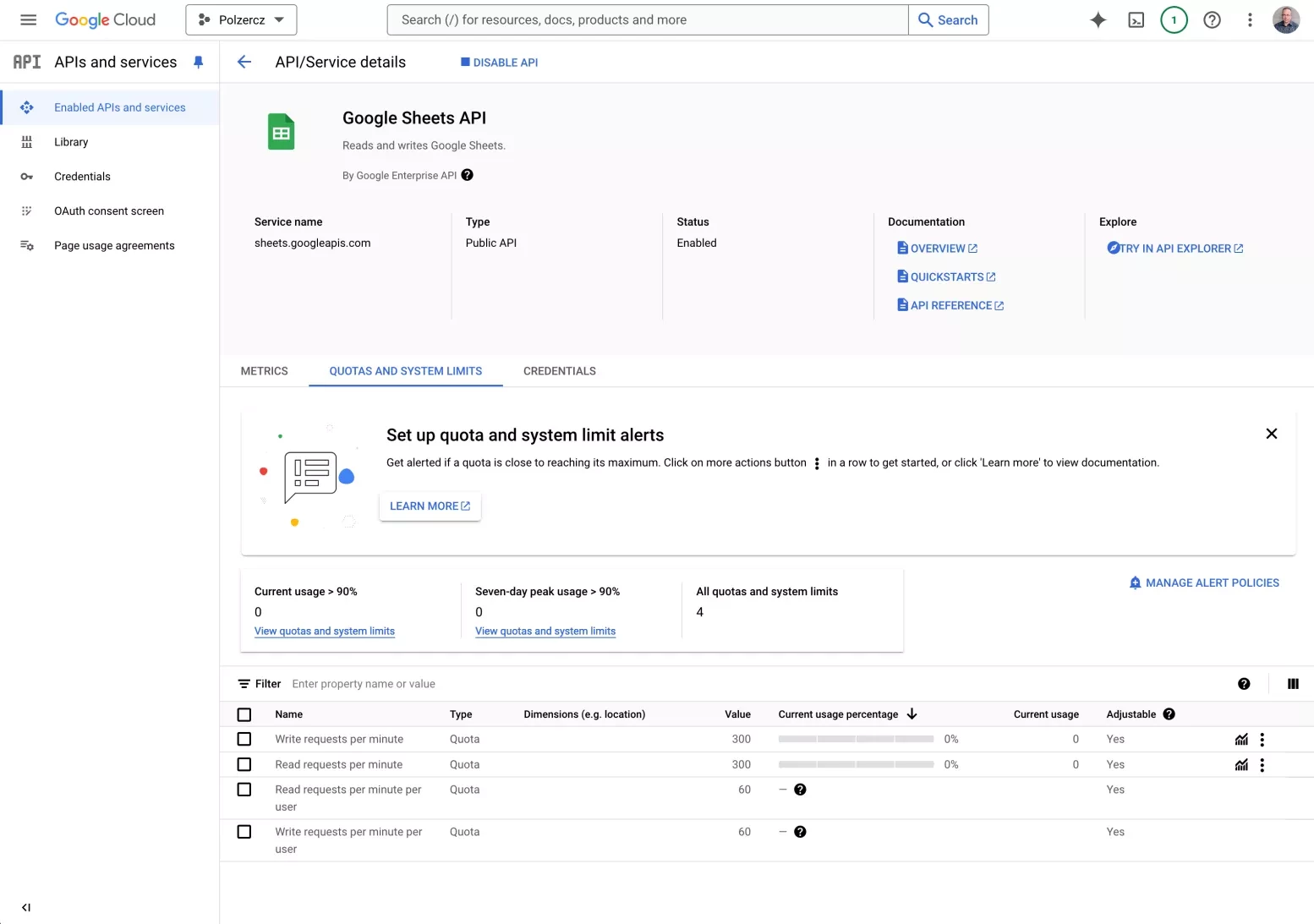 Google Cloud Console a Google Sheets API