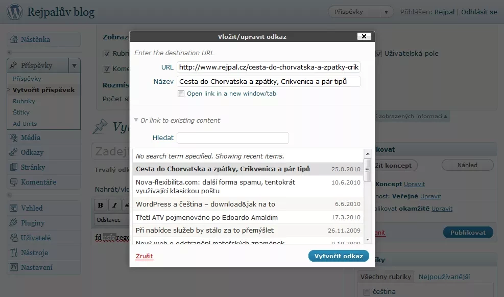 WordPress 3.1 - vkládání odkazů na existující příspěvky