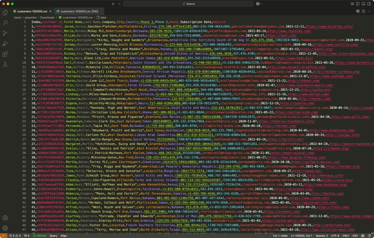 Visual Studio Code s barevným zvýrazněním dat v CSV